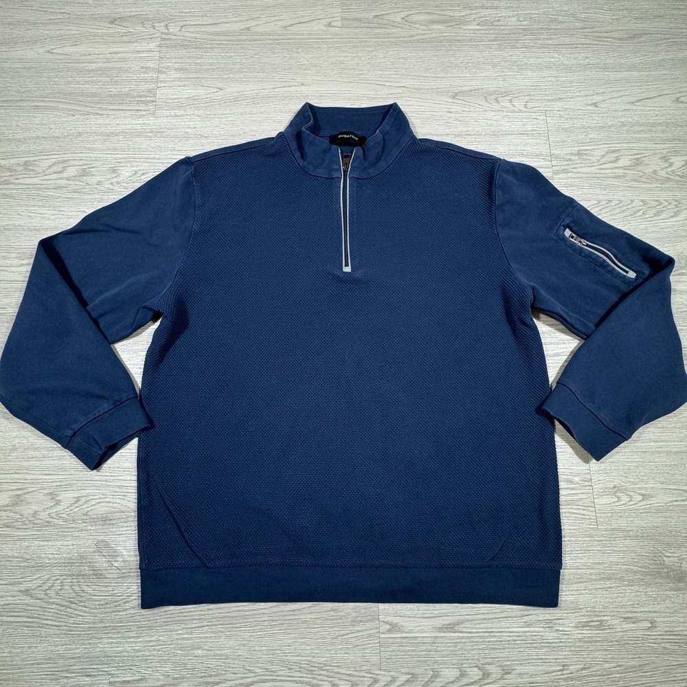 Bugatchi Mens Pullover Quarter Zip Navy Blue Large Cotton Sleeve Pocket Sweater